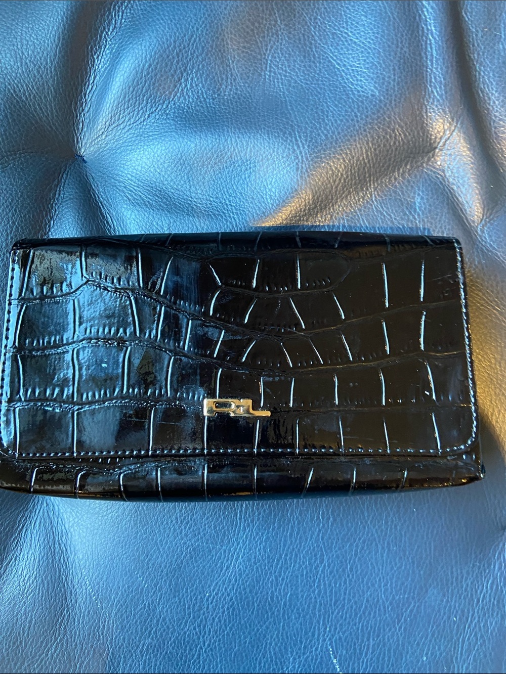 Ralph Lauren Black Croc-Embossed Faux Patent Leather Clutch